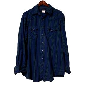 Wrangler Men’s Blue Green Plaid Flannel Pearl Snap Western Shirt- Size XL